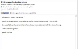 Screenshot einer Email mit virusverseuchtem Anhang