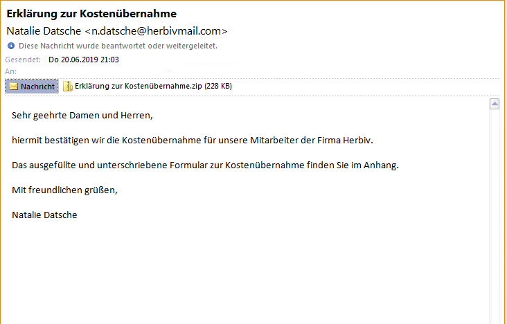 Screenshot einer Email mit virusverseuchtem Anhang